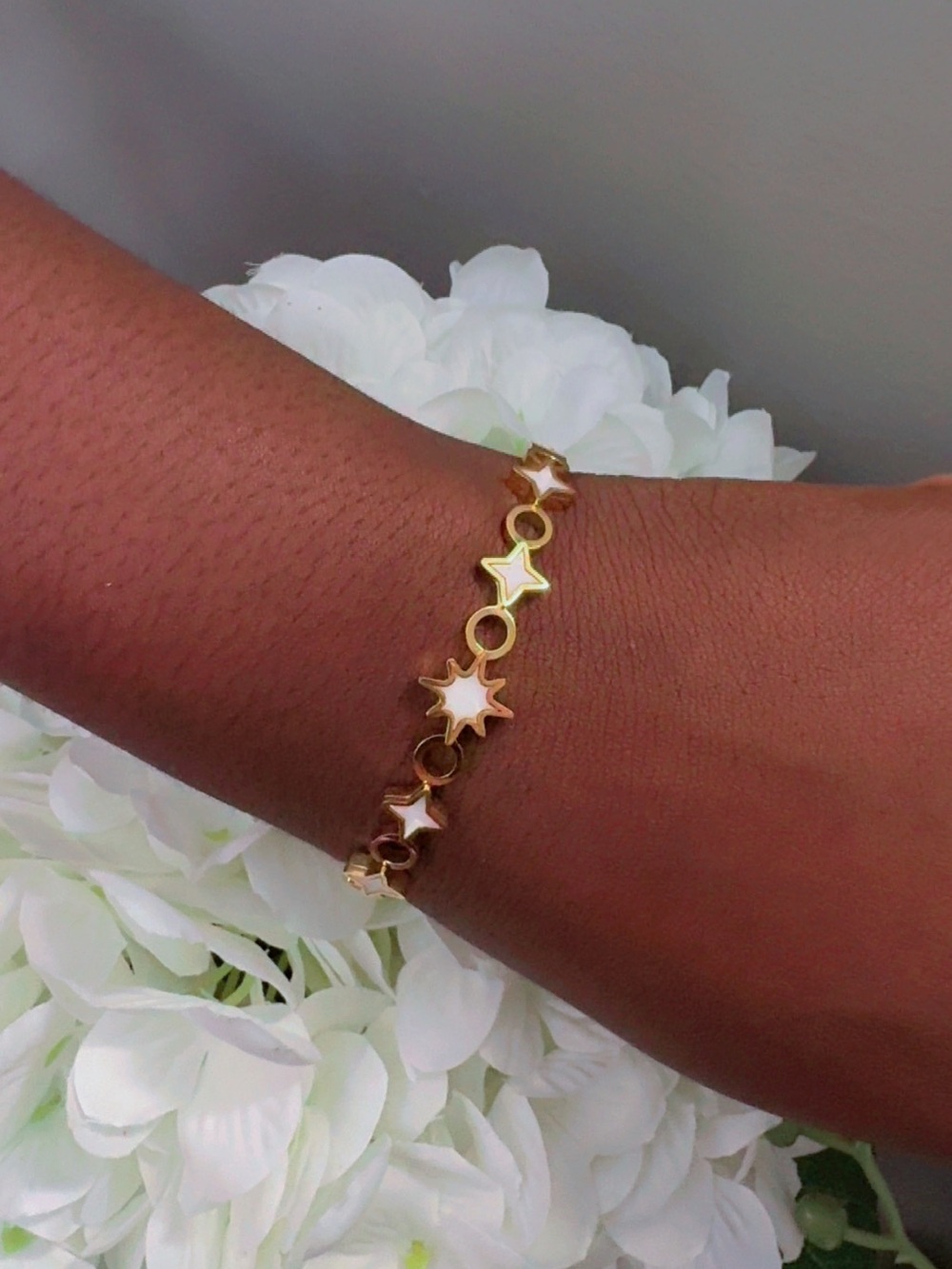 Gold Star Link Bracelet with White Enamel